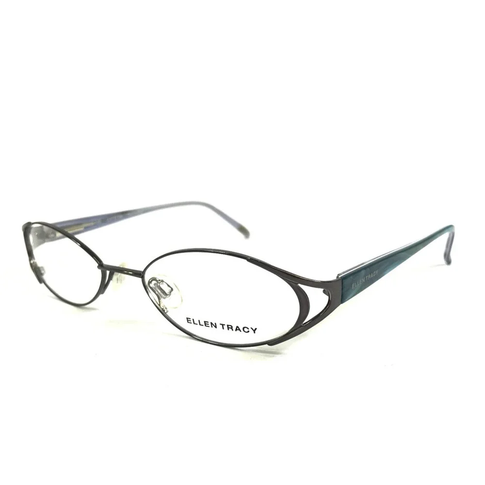 Ellen Tracy Eyeglasses Frames LUTETIA Gunmetal Gray Blue Oval Wire Rim 50-17-130